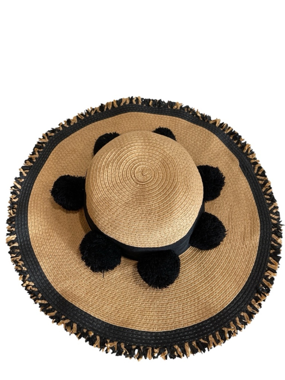 Betsey Johnson Straw Brimmed Pom Pom Sun Hat Packable One Size Tan Black